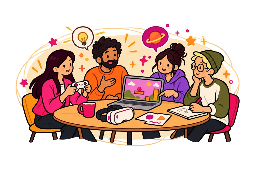 Illustration: game and XR enthusiasts exchange ideas in a welcoming group.