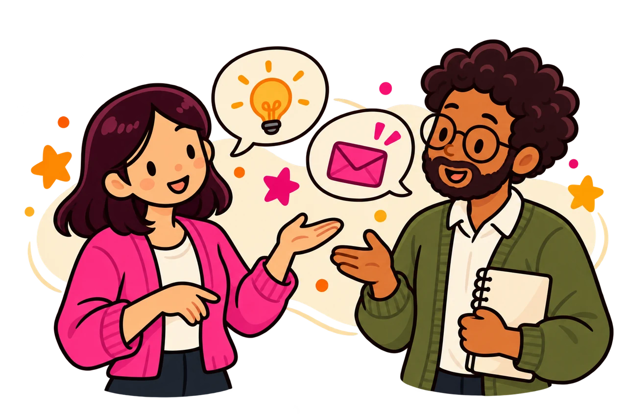 Illustration: Two people sharing ideas and starting a conversation.