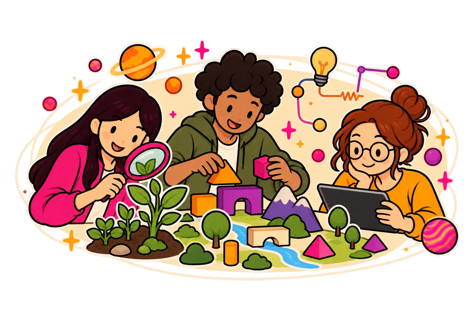 Illustration: three learners explore plants, geometric shapes and digital learning worlds.
