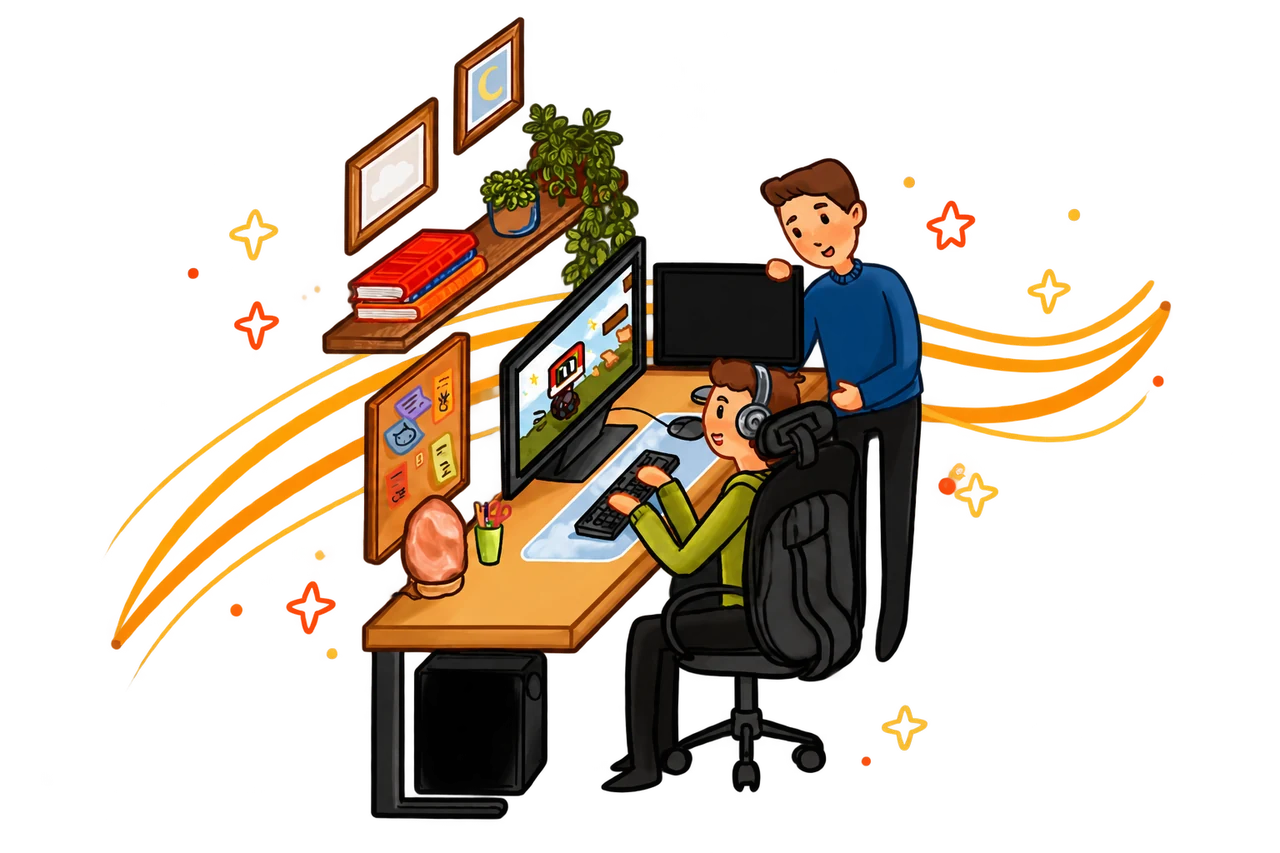 Illustration: two game developers working together