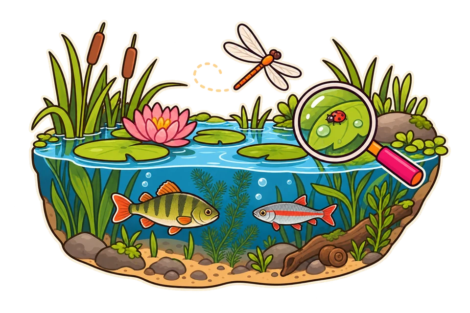 Conceptual illustration of a lake ecosystem with fish, aquatic plants and a magnifying glass.