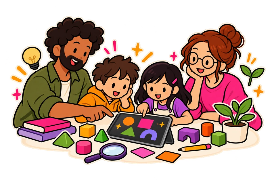 Illustration: an educator and learners explore playful learning worlds together.