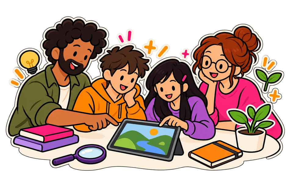 Illustration: Zwei Jugendliche und zwei Lehrkräfte erkunden gemeinsam eine digitale Lernlandschaft.