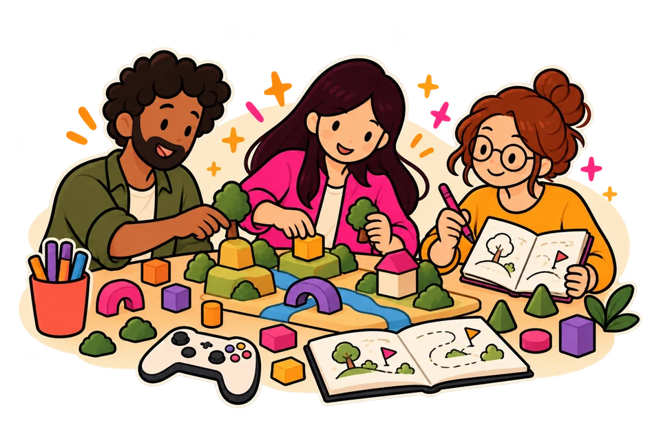Illustration: a creative learning world grows from shared ideas.