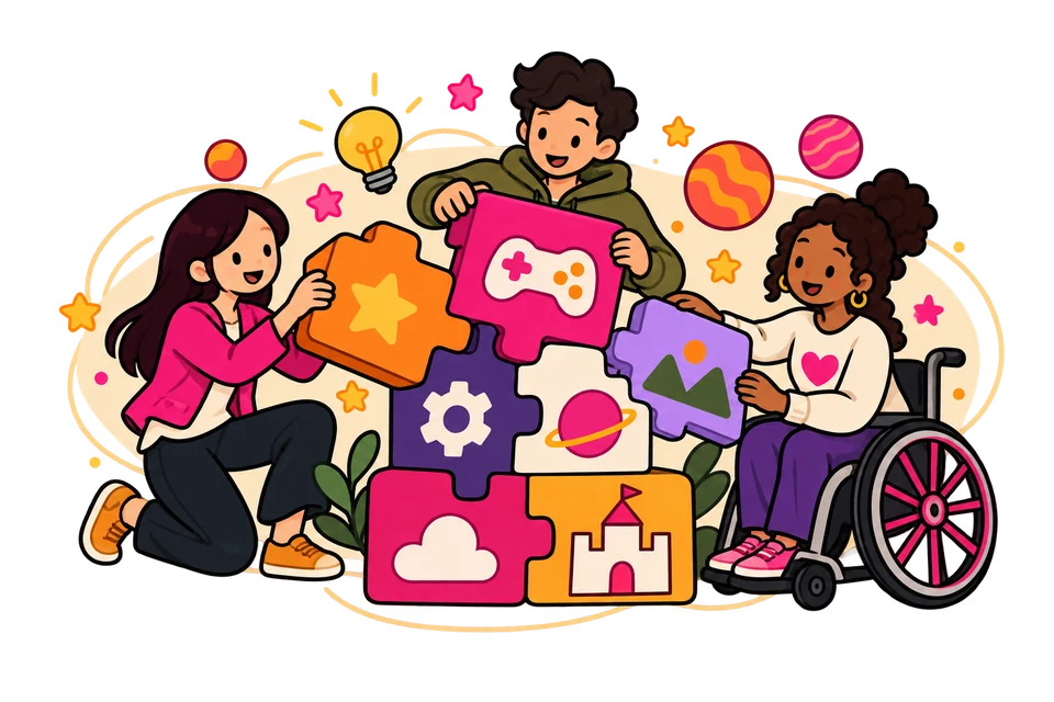 Illustration: a diverse team joins colourful game building blocks together.