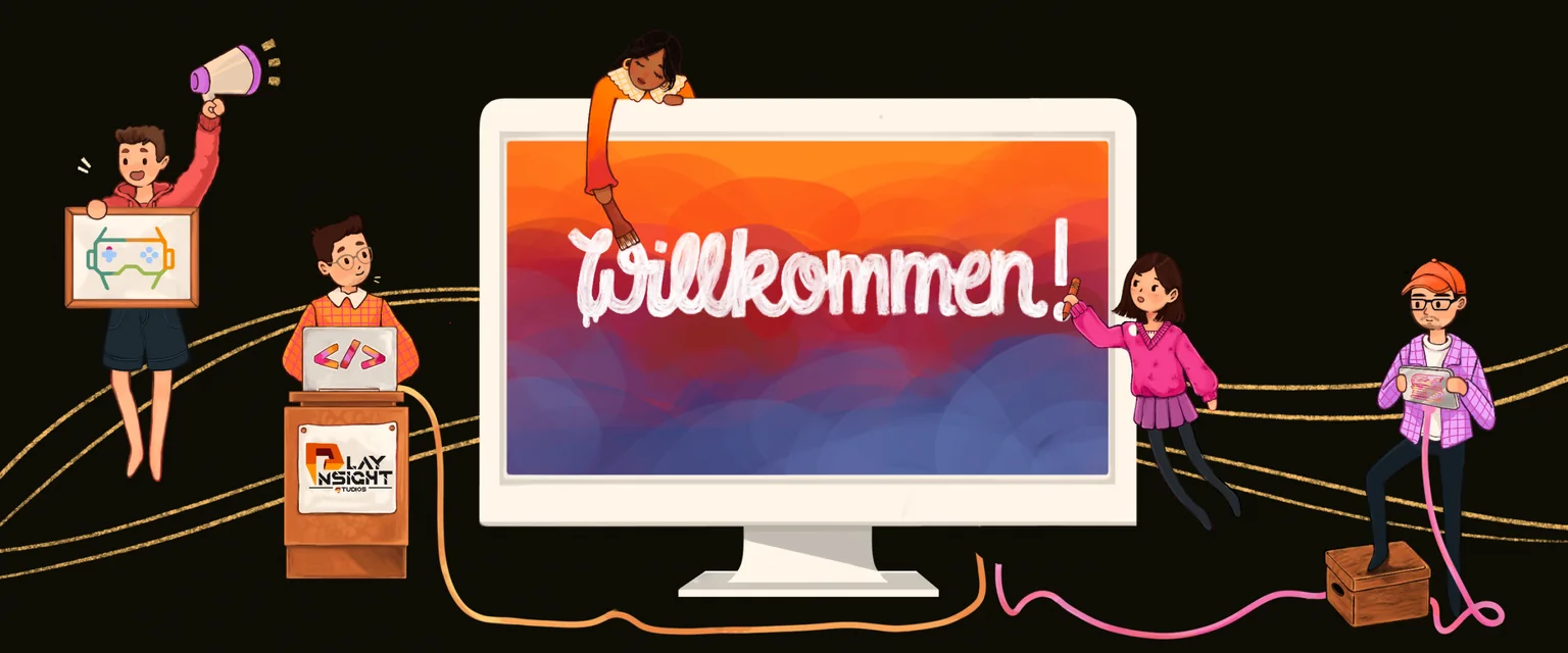 Willkommensillustration von PlayInsight Studios mit Figuren und Fantasiewelten.