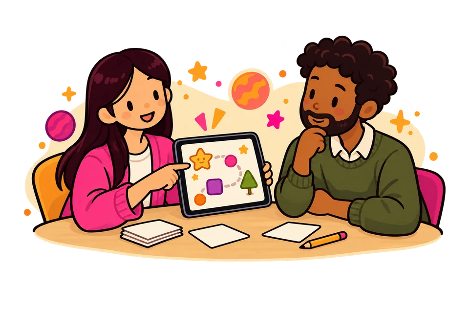Illustration: An educator and a game designer discuss a learning-game idea.