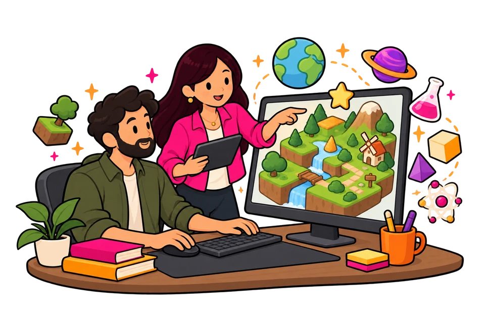 Illustration: A development team builds a digital learning world.