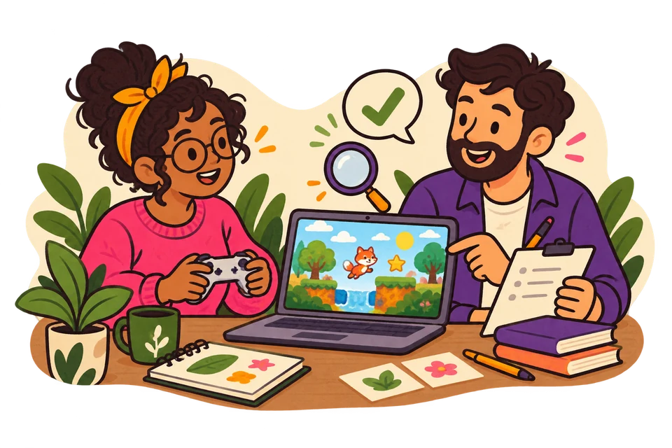Illustration: A team tests a learning game and gathers feedback.