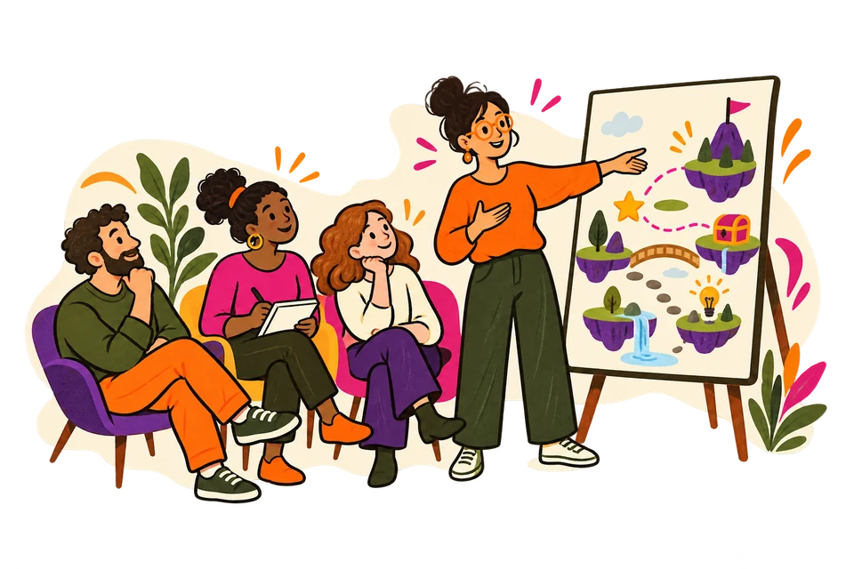 Illustration: A presenter introduces game-based learning to an audience.