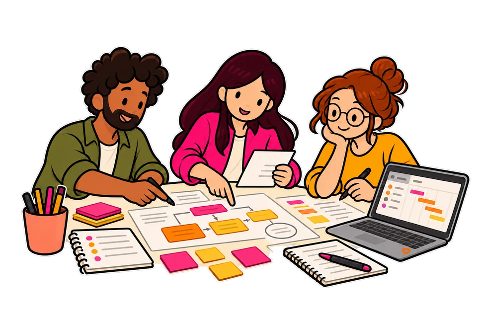 Drei Fachleute planen gemeinsam einen Workshop mit Arbeitsblättern und Ablaufplan.