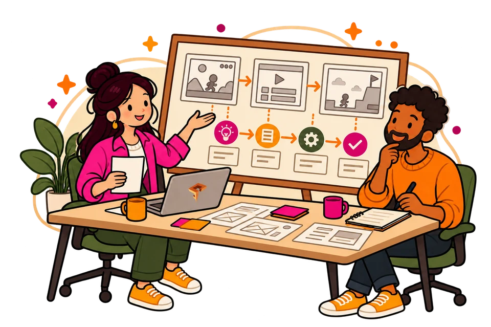Zwei Fachleute entwickeln ein Spielkonzept mit Wireframes und Ablaufdiagramm.