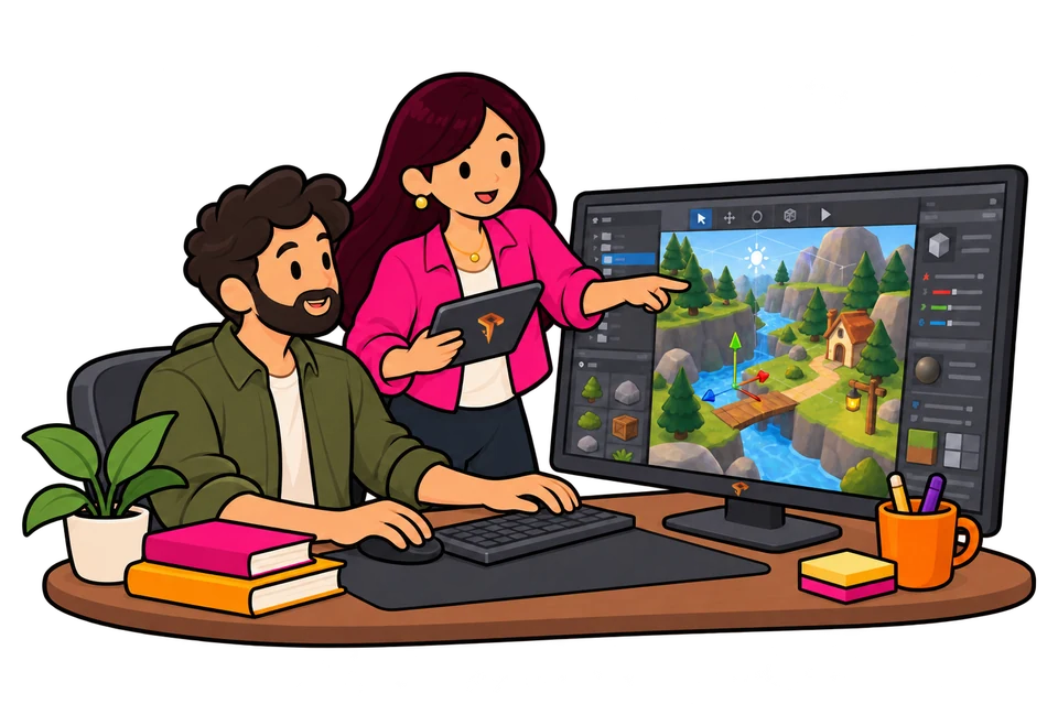 Zwei Entwickler arbeiten an einer digitalen Spielwelt im Game-Editor.