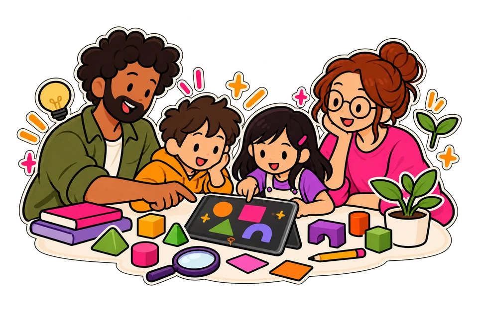 Illustration: Lehrkraft und Lernende entdecken gemeinsam spielerische Lernwelten.